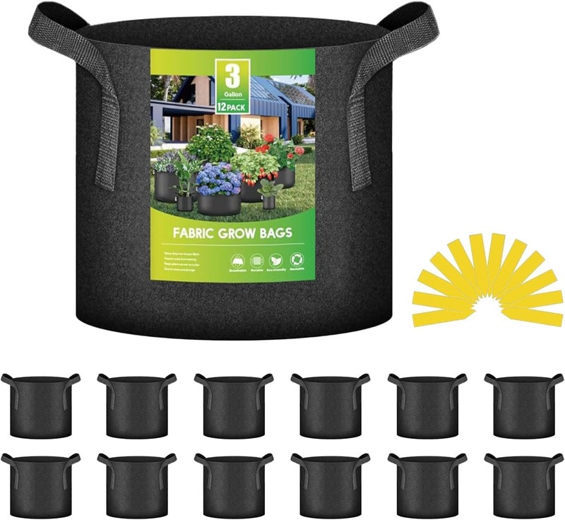 iPower 12-Pack 3 Gallon Grow Bags Heavy Duty Thickened Aeration Nonwoven Fabric Pots with Nylon Handles, for Planting Vegetables, Fruits, Flowers, Black - Image 1
